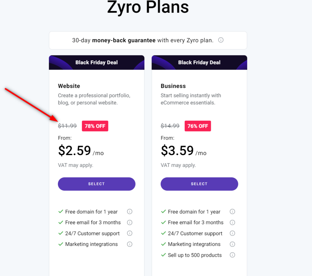خطة التسعير zyro