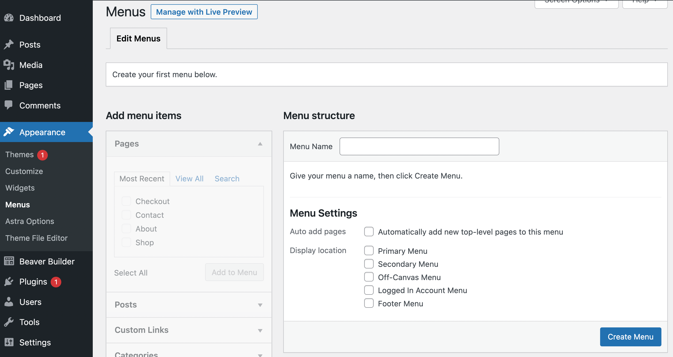 Configurações do menu do WordPress