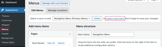 สร้างเมนูใหม่ใน WordPress