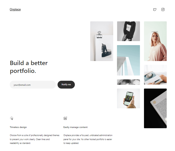 O site onplace é um dos melhores exemplos de sites minimalistas para mostrar os recursos de um aplicativo.