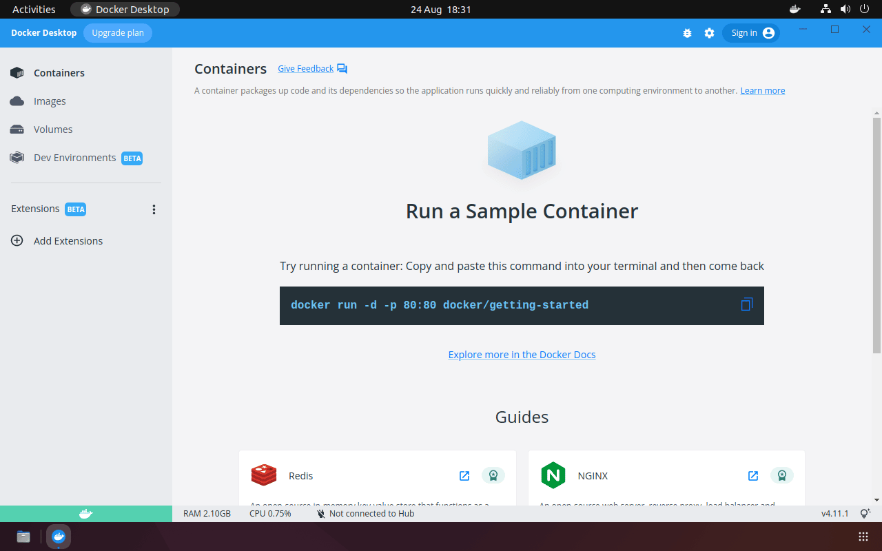 Zrzut ekranu Docker Desktop działający w systemie Ubuntu.