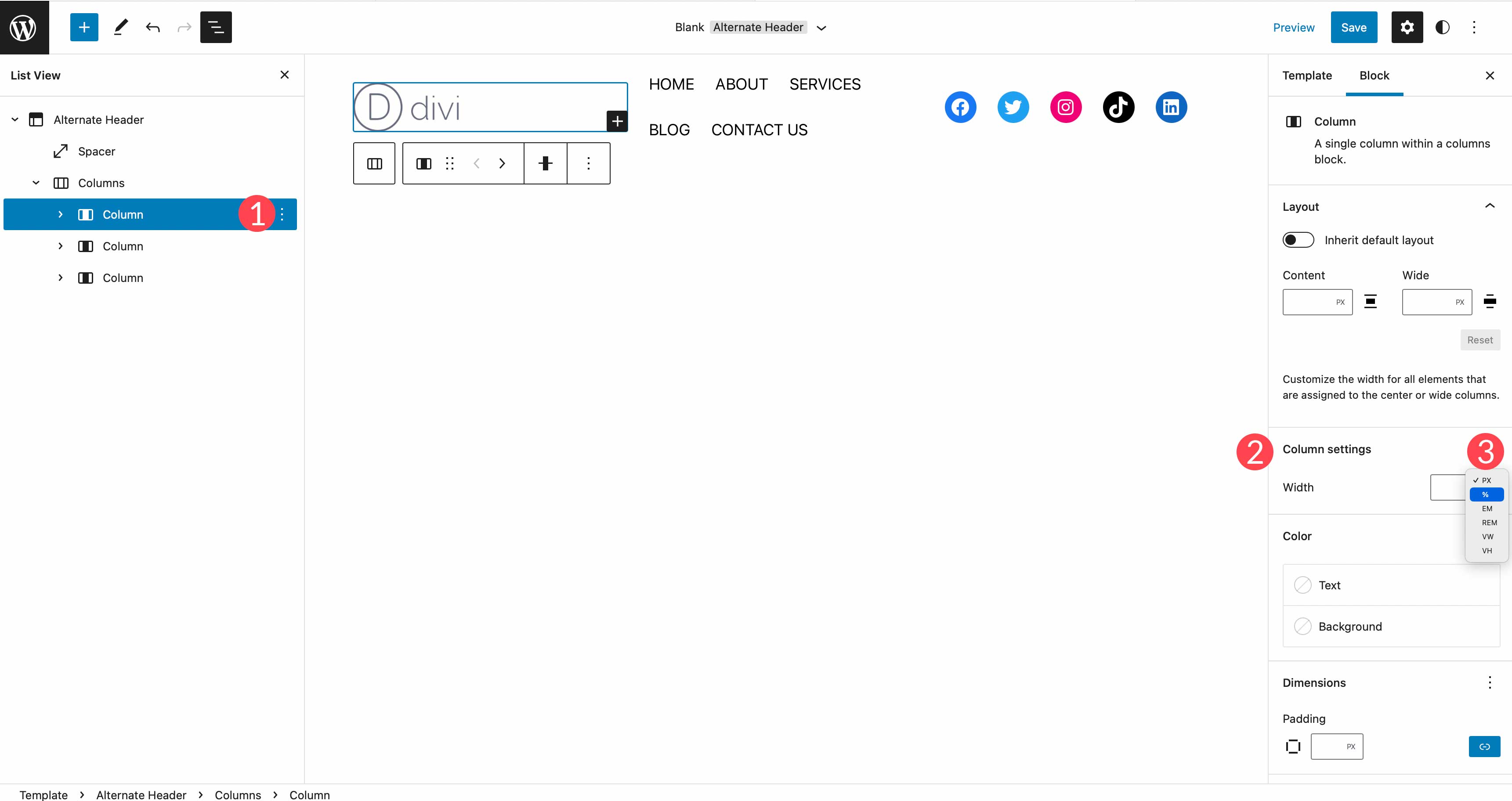 largura total da coluna de edição do site