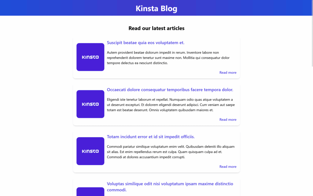 一个简单的页面,顶部带有蓝色横幅中的“Kinsta 博客”和一行示例文章卡片。