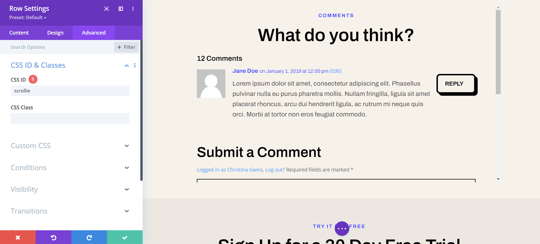 Adicione o ID do CSS à linha para se preparar para estilizar comentários roláveis ​​no Divi