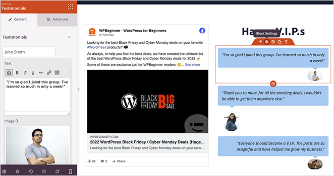 การตั้งค่าบล็อคข้อความรับรอง - SeedProd Testimonials block settings