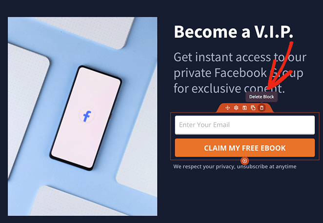 การลบบล็อค - SeedProd Delete the opt-in form block