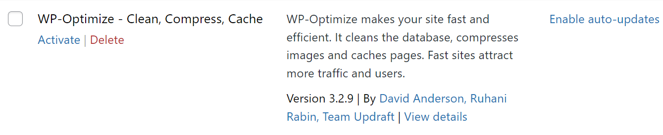 WordPress 플러그인을 삭제하는 옵션