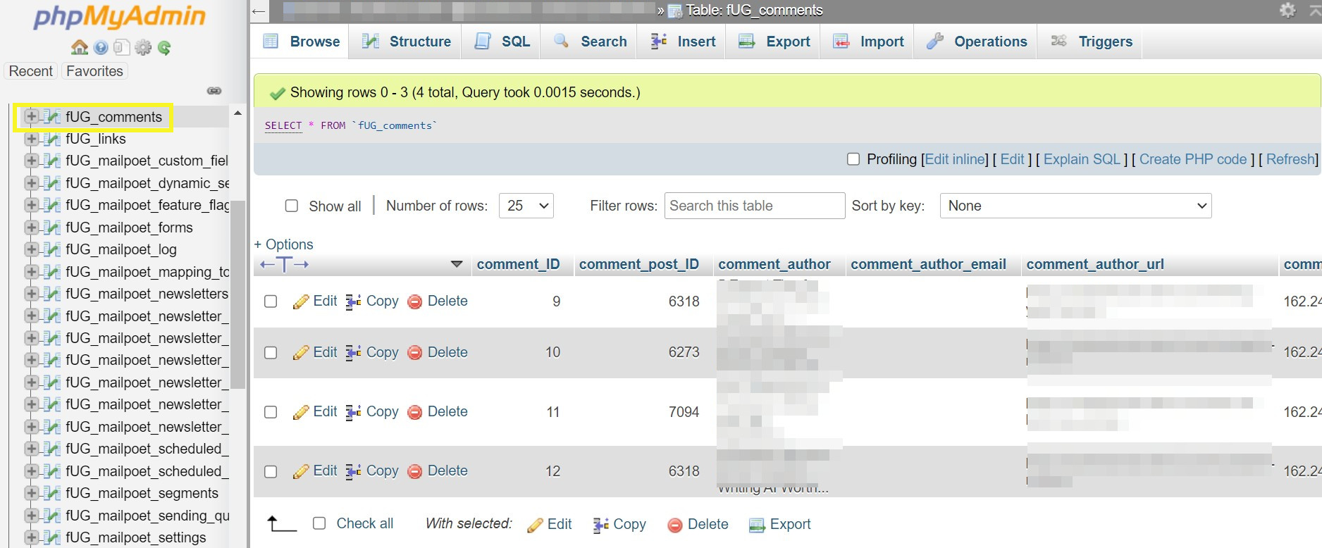 phpMyAdmin의 주석 테이블
