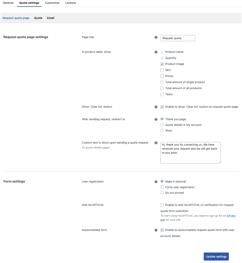 Configurer les paramètres de la page de demande de devis