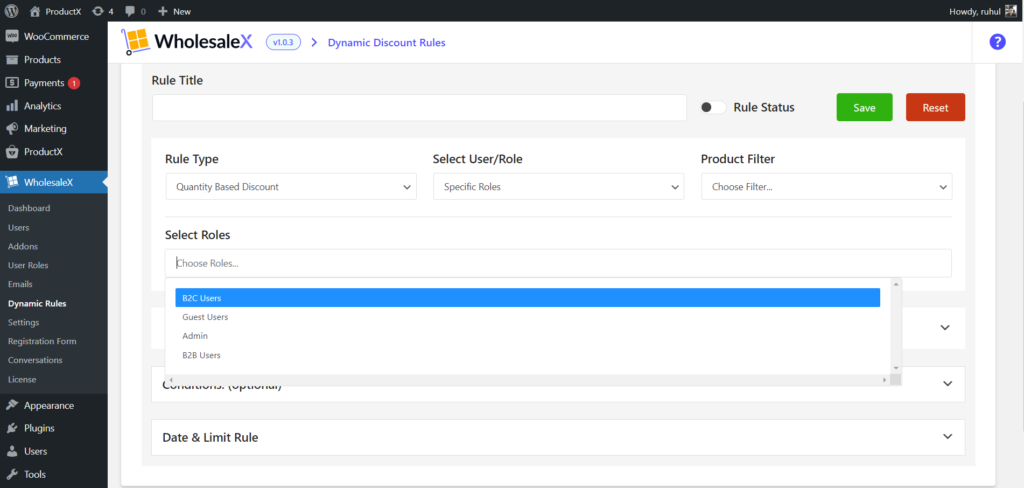 WholesaleX(B2B+B2C) 9에서 사용자 역할별로 WooCommerce 가격을 설정하는 방법 WholesaleX Selecting Roles
