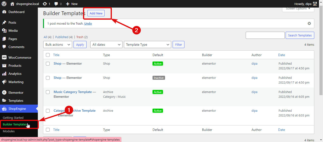 ไปที่เทมเพลตตัวสร้างของ ShopEngine
