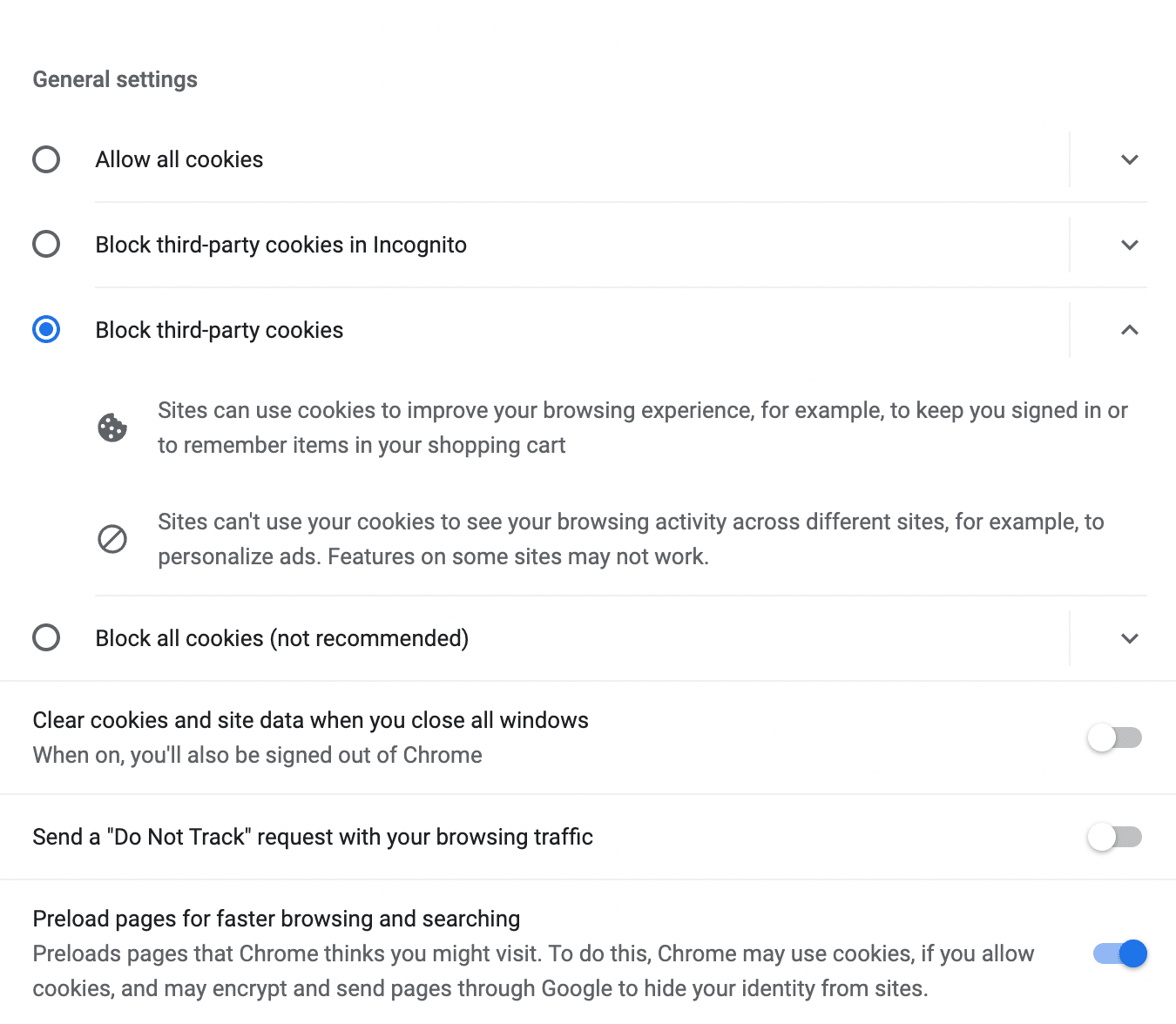 การบล็อกคุกกี้ของบุคคลที่สามในการตั้งค่า Chrome