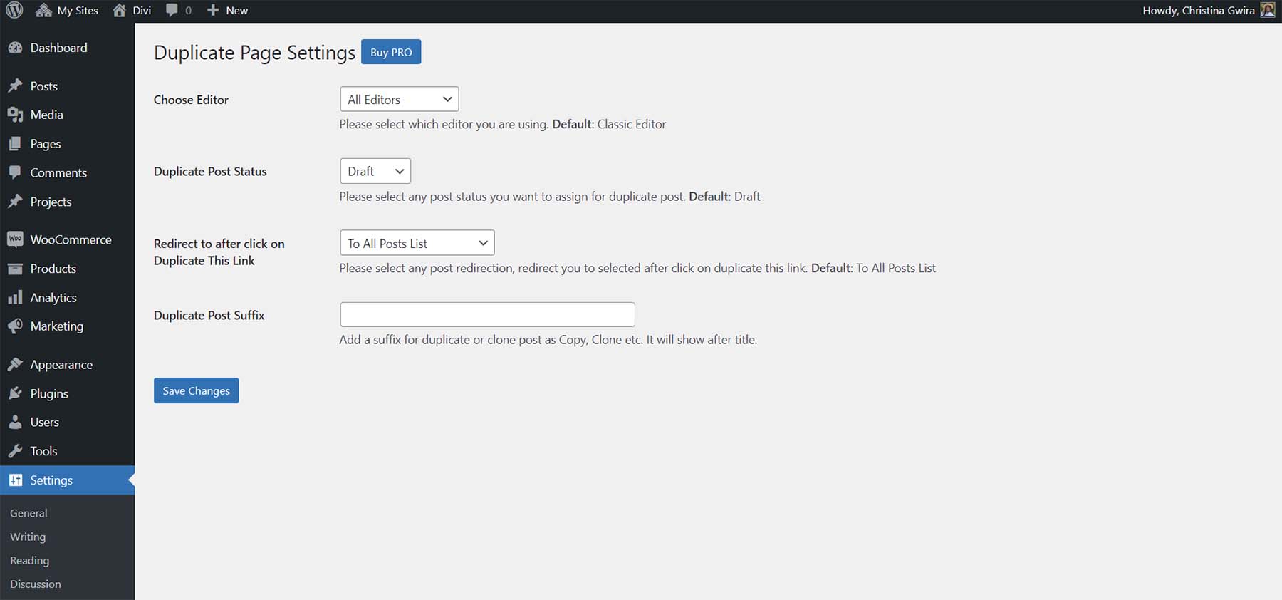 Duplicate Page Plugin - Einstellungsseite