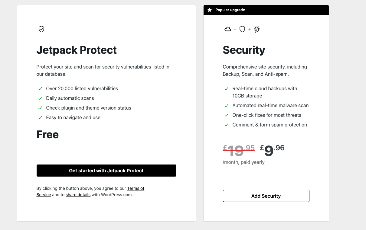 Jetpack Protect 的计划选项
