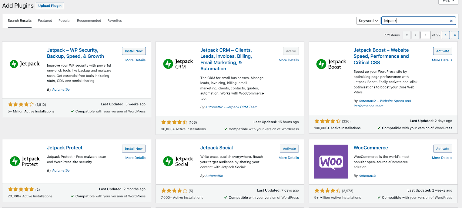在 WordPress 仪表板中搜索“Jetpack”时的插件列表