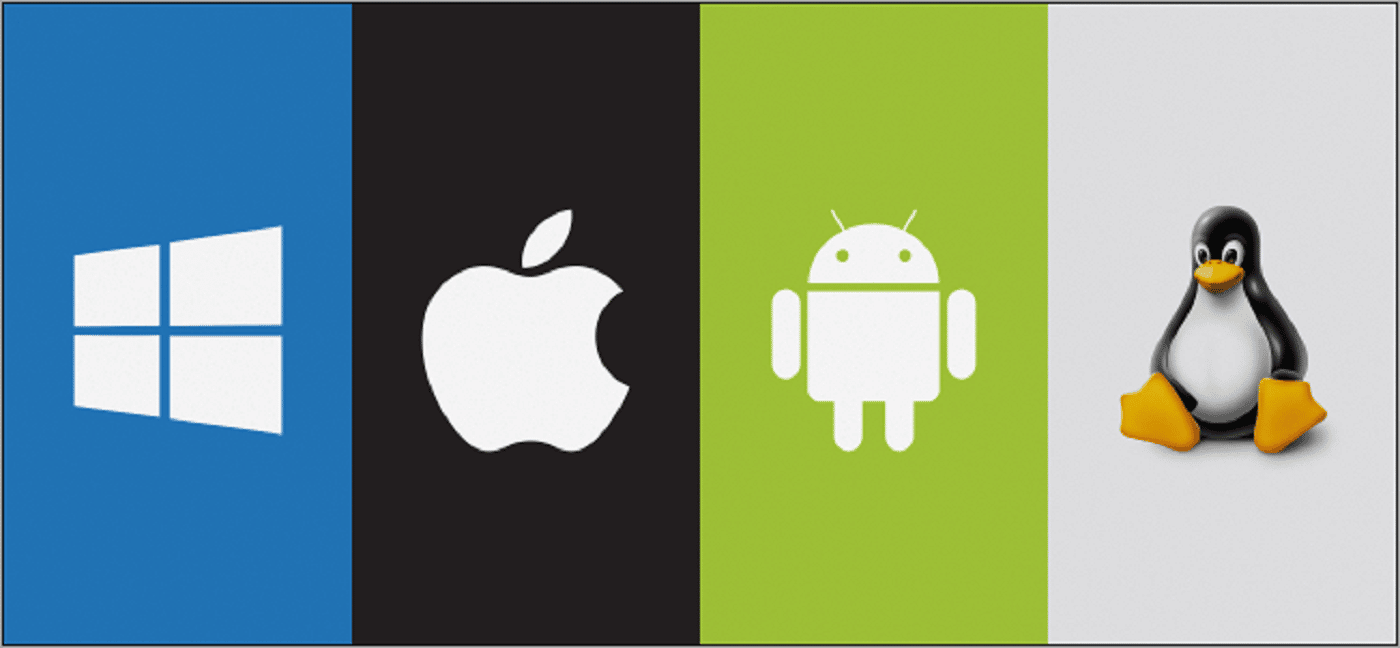 صورة لشعارات 4 أنظمة تشغيل مدعومة بواسطة Python. الأول هو Windows ، والثاني هو Apple ، والثالث هو Android ، والرابع هو Linux.