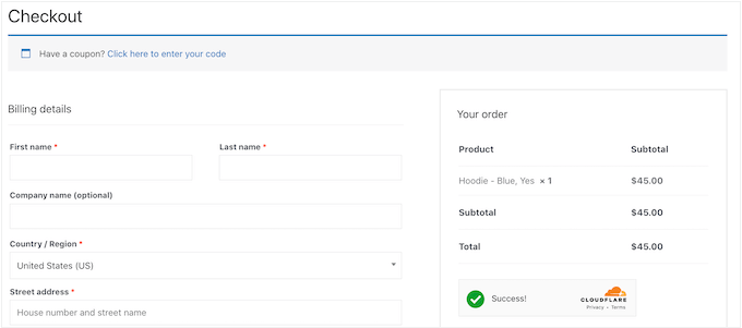 CAPTCHA Cloudflare Turnstile pe pagina de finalizare a comenzii WooCommerce