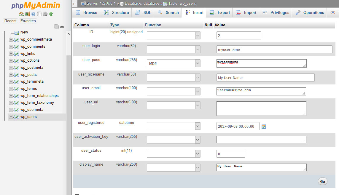 creare un nuovo utente amministratore wordpress in phpmyadmin