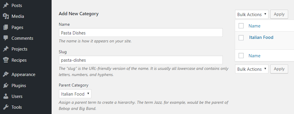 Hinzufügen einer neuen Kategorie für Pastagerichte.