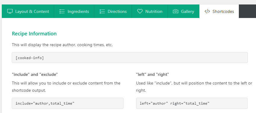 Die Registerkarte Shortcodes.