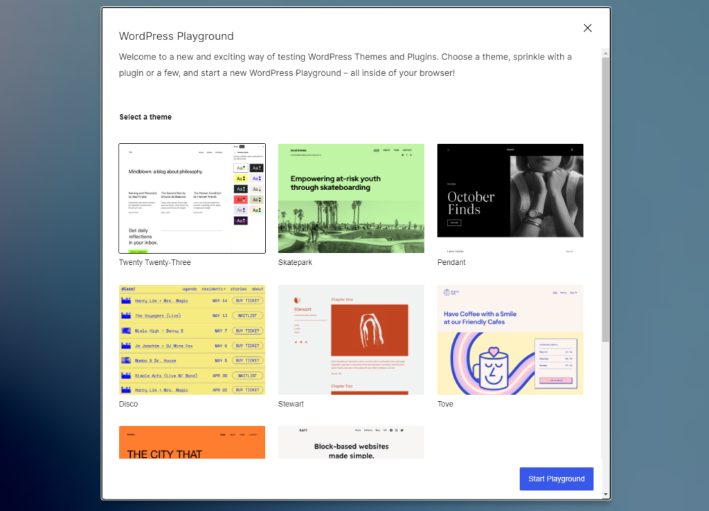 ภาพหน้าจอของการเริ่มต้นการสาธิต WordPress Playground