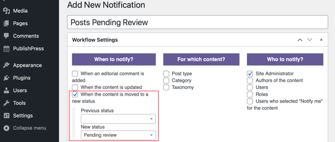 Creazione di una notifica per i post in attesa di revisione