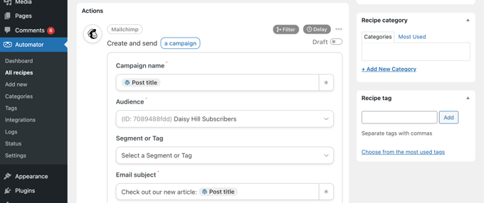 Compila i campi per impostare la campagna Mailchimp