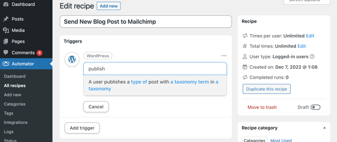 Selezione di un trigger WordPress Uncanny Automator