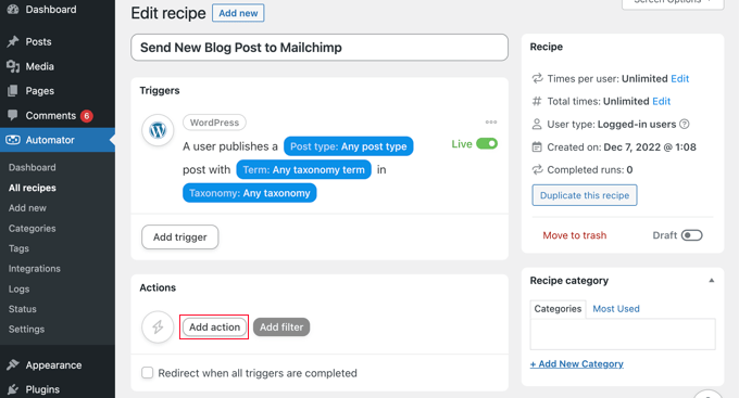 Facendo clic sul pulsante "Aggiungi azione" di Uncanny Automator