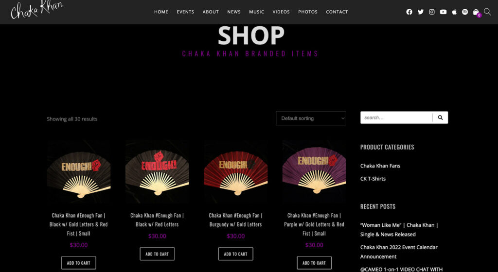 صفحة متجر Chaka Khan ، تم إنشاؤها باستخدام WooCommerce
