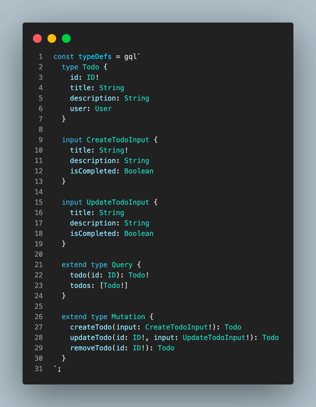Uma interface de linha de comando mostrando o esquema para nosso script Todo, incluindo novas entradas.