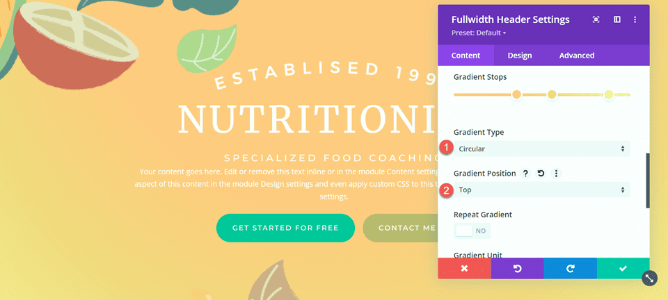Divi Fullwidth Header Gradient Background Layout 2 Положение типа градиента