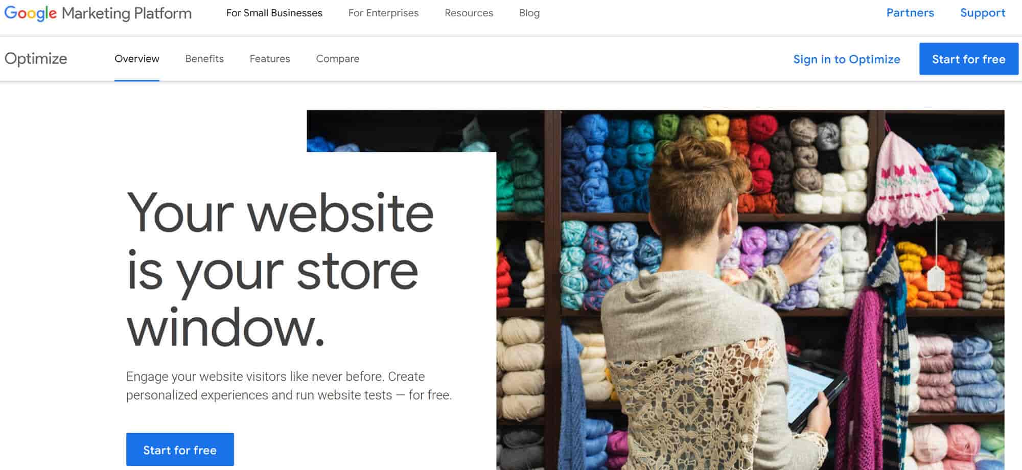 Page d'accueil de Google Optimize