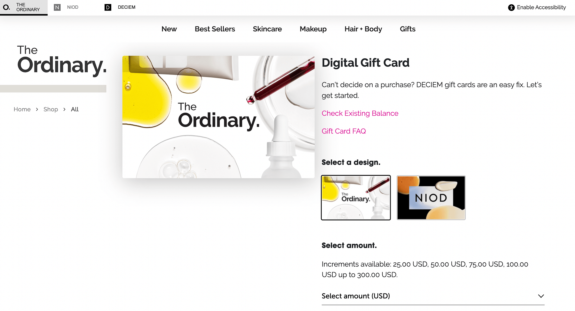 بطاقة هدايا رقمية لـ The Ordinary.
