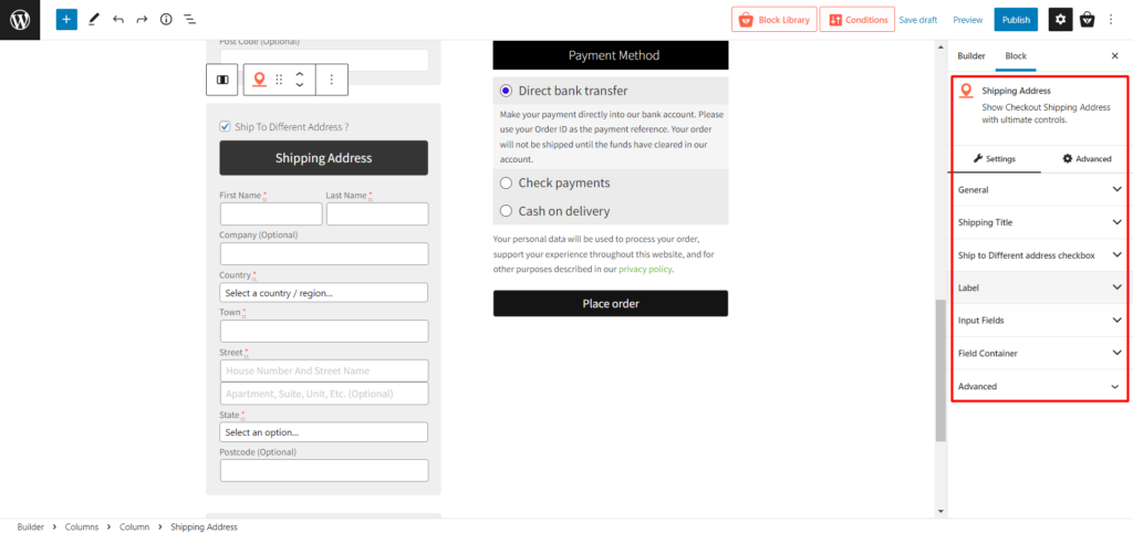 วิธีสร้างและปรับแต่งเทมเพลตหน้าชำระเงิน WooCommerce ด้วย ProductX 8 Shipping Address Blocks Settings