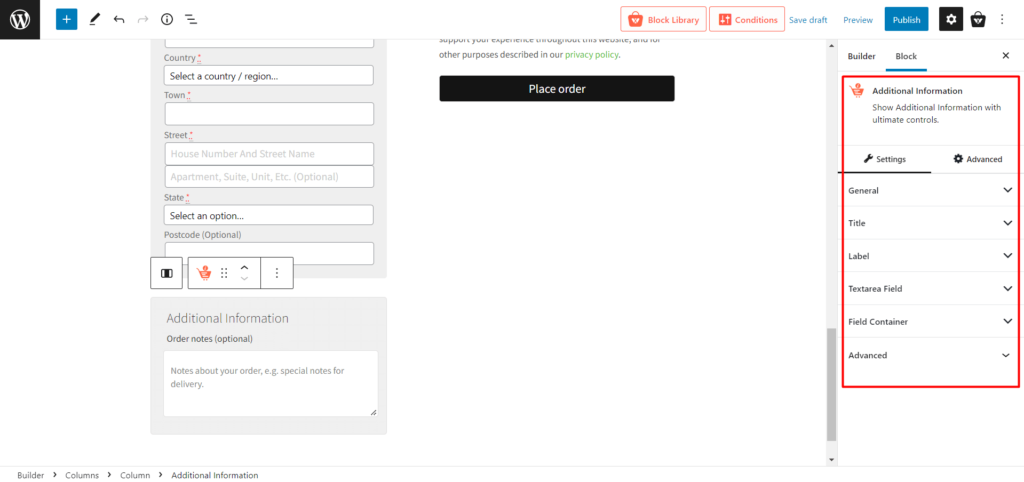 วิธีสร้างและปรับแต่งเทมเพลตหน้าชำระเงิน WooCommerce ด้วย ProductX 9 Additional Information Block Settings