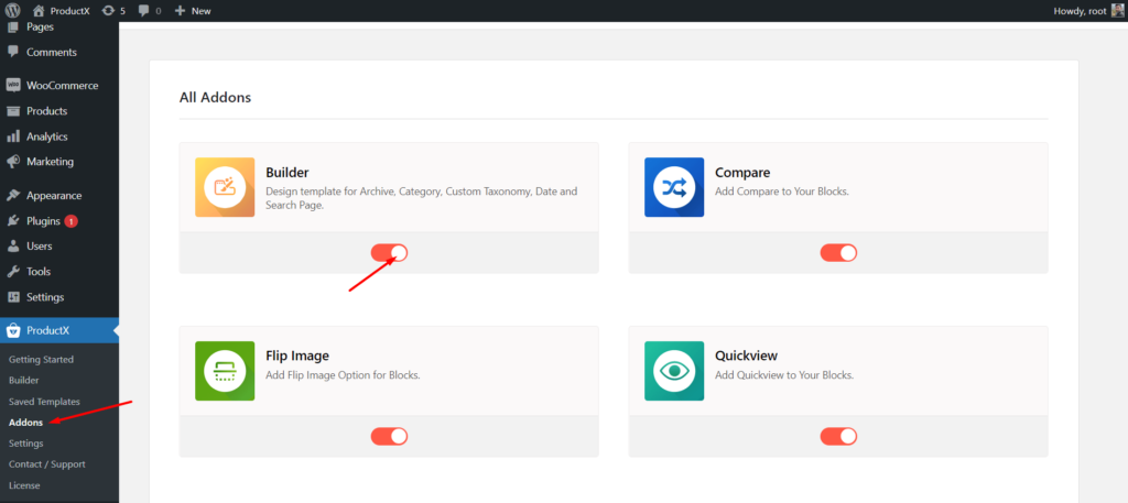 วิธีสร้างและปรับแต่งเทมเพลตหน้าชำระเงิน WooCommerce ด้วย ProductX 3 Turn on WooCommerce Builder Addon