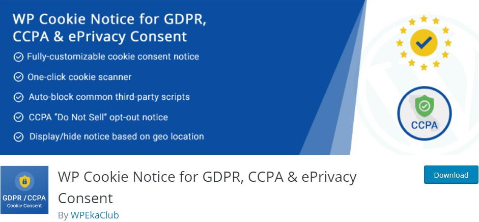 GDPR, CCPA 및 ePrivacy 동의에 대한 WP 쿠키 고지