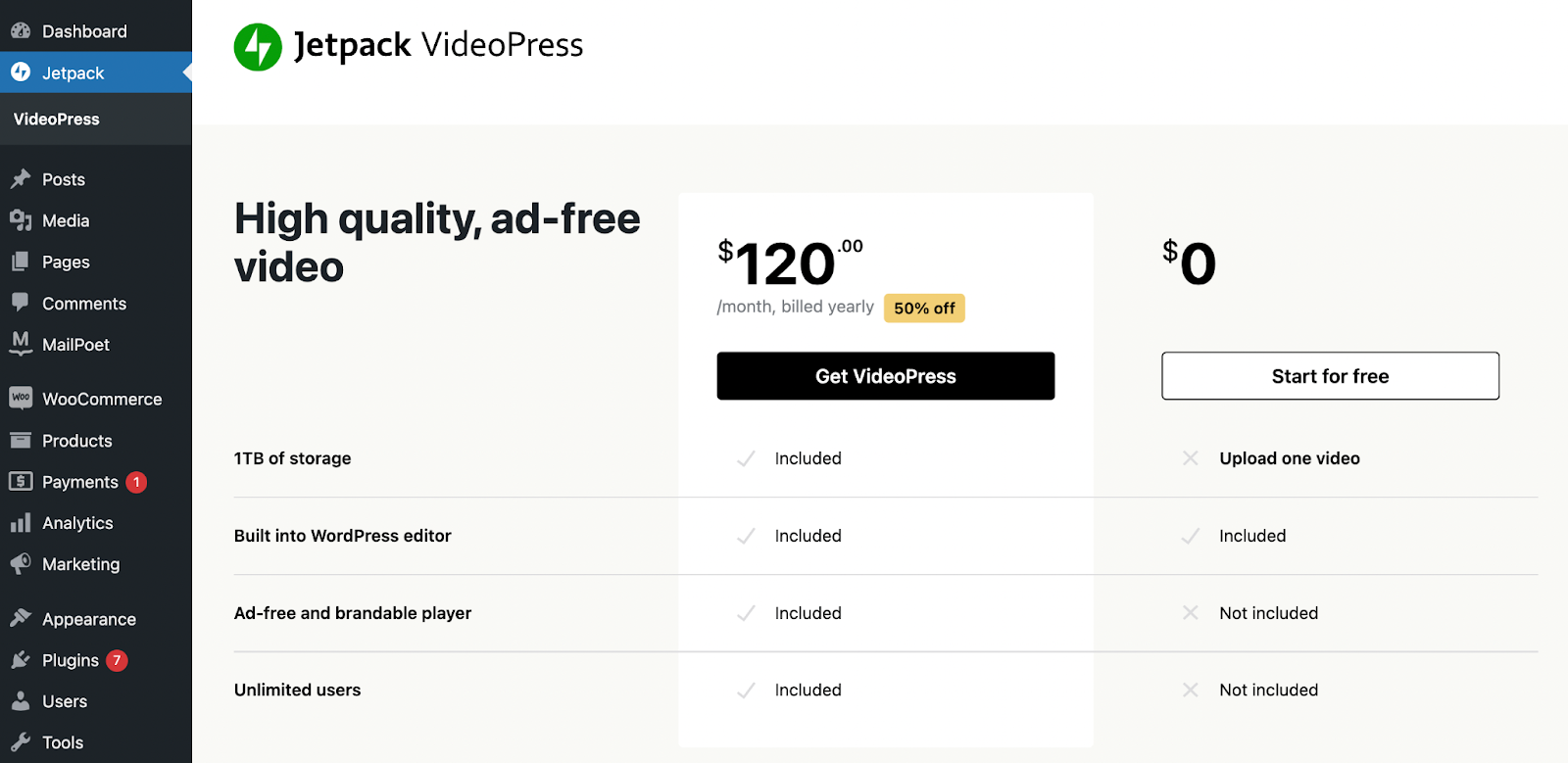 خيارات خطة Jetpack VideoPress