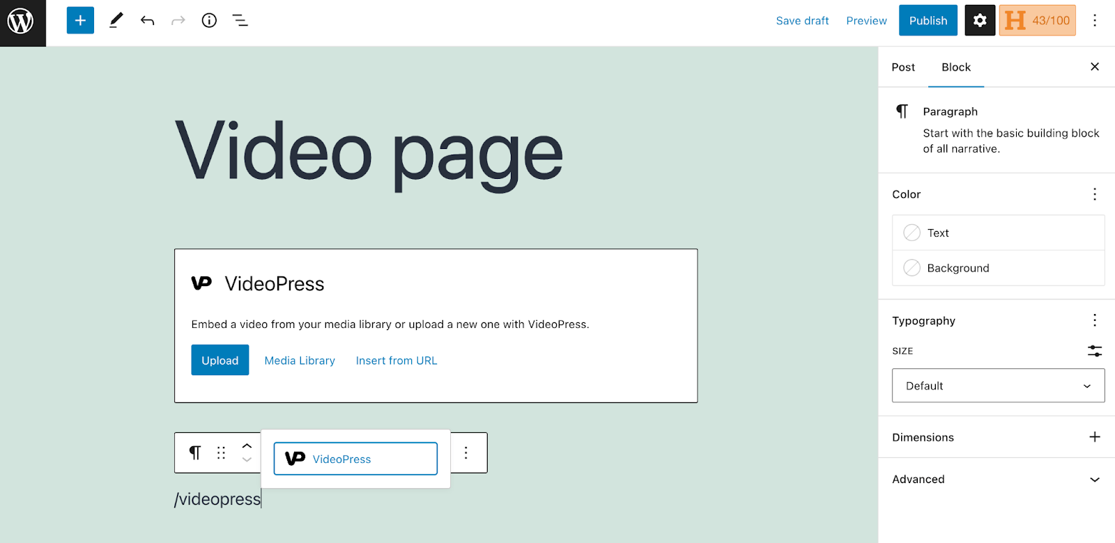 باستخدام اختصار لوحة المفاتيح لإضافة كتلة VideoPress