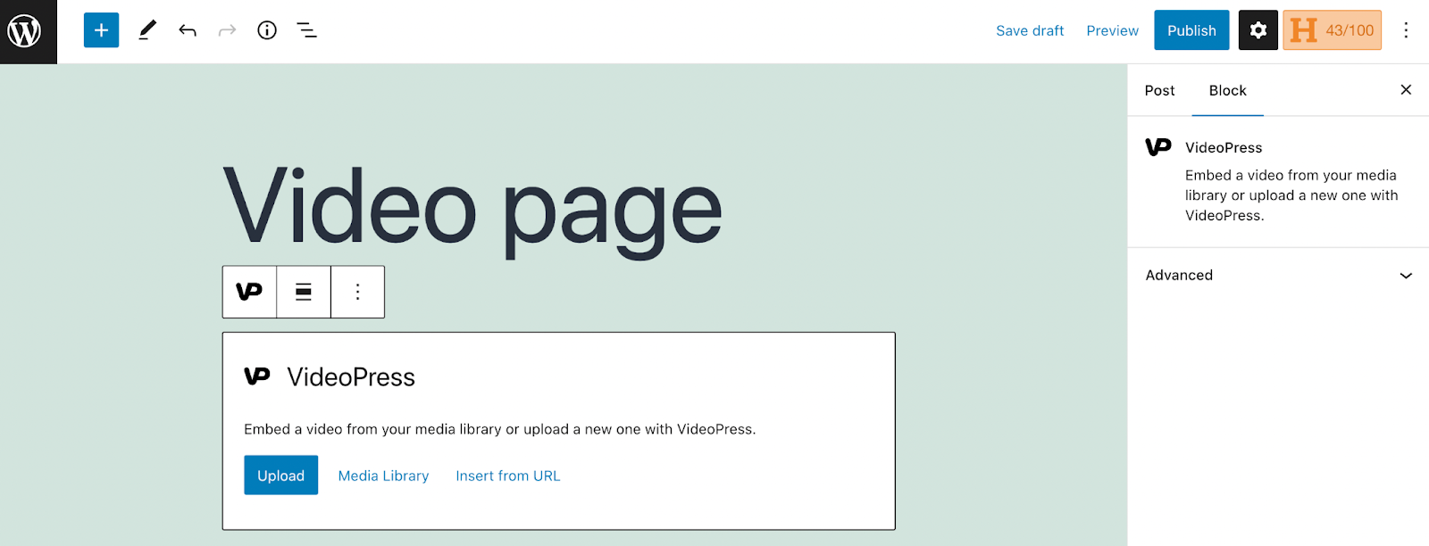 VideoPress كتلة على الصفحة