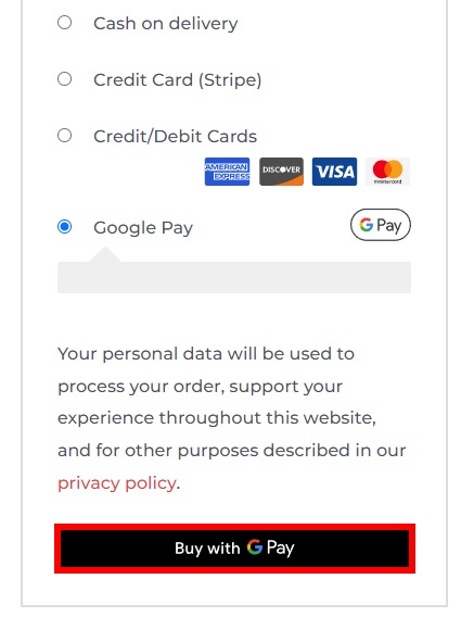 demonstração da página de checkout configurar o Google Pay no WooCommerce
