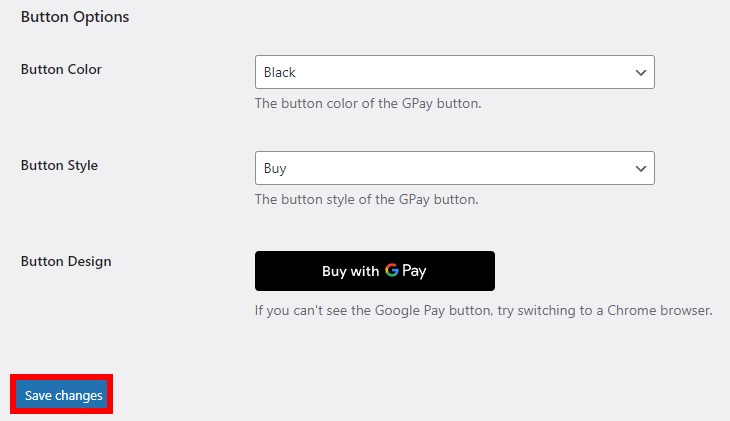 düğme seçenekleri, WooCommerce'de Google Pay'i kurar