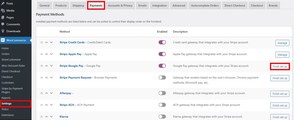 activer la configuration de Google Pay sur WooCommerce