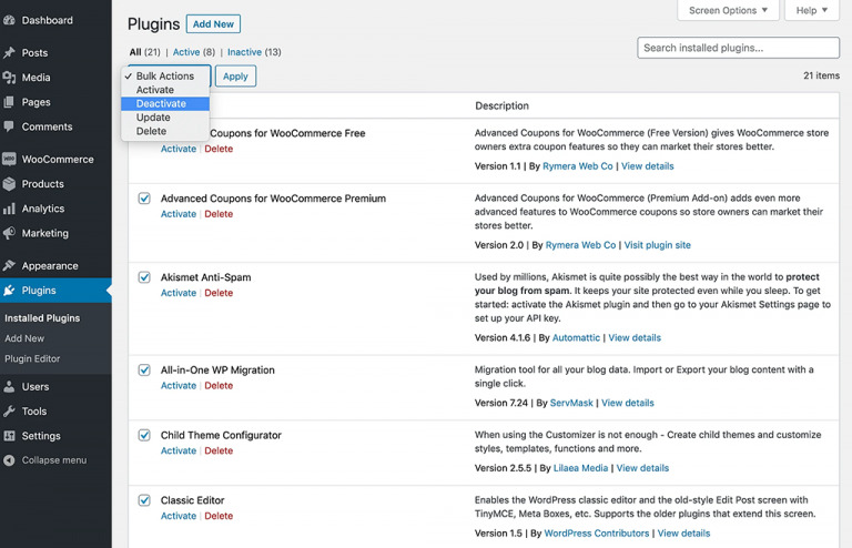 Desativando todos os plugins do WordPress