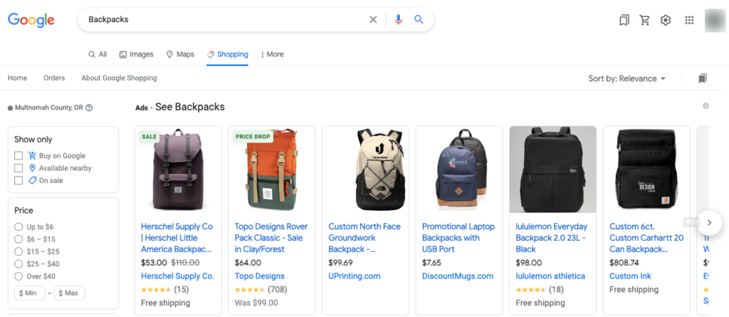 Strona Zakupów Google dla plecaków
