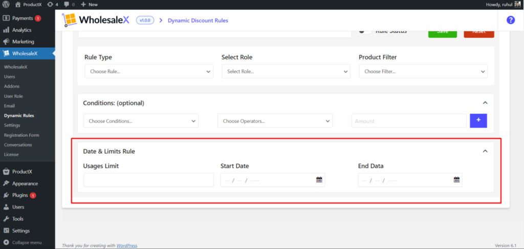 Come impostare i metodi di spedizione basati sui ruoli di WooCommerce 11 WholesaleX Date and Limits Rule