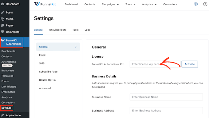 Ajouter une licence au plugin WordPress FunnelKit Automations