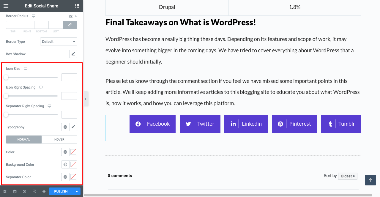 WordPress 게시물에 소셜 미디어 공유 버튼을 추가하는 방법 12 Change Icon Size, Typography, and Color of Social Share Button