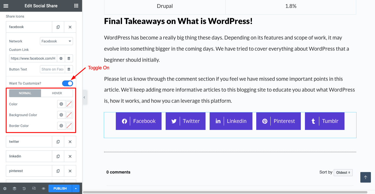 WordPress 게시물에 소셜 미디어 공유 버튼을 추가하는 방법 10 Customize Social Share Buttons Individually